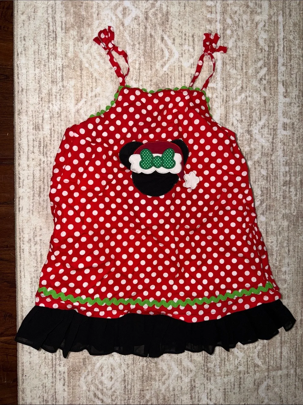 Smocked Blessings Girls' Red Polka Dot Tie-Strap Santa Minnie Mouse Dress
